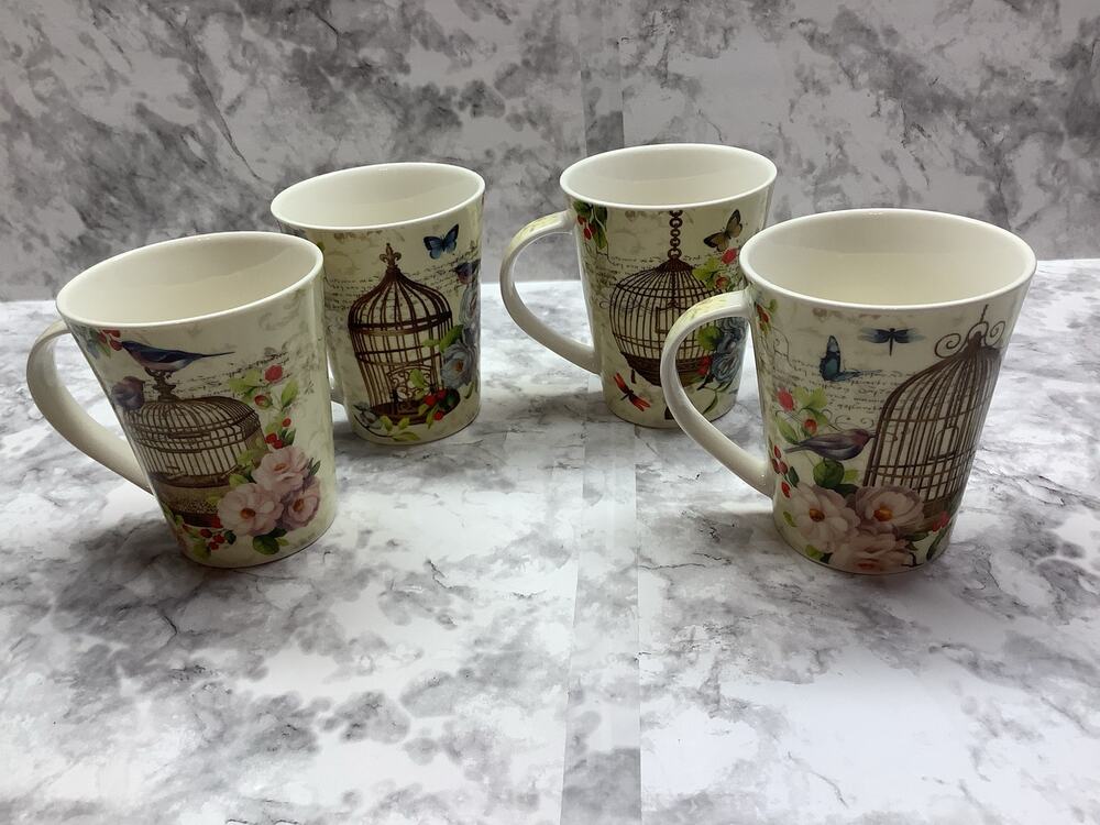 Stokes Vintage Set of Four Bird and Bird Cage Designed Floral Mugs - 14 ounces
